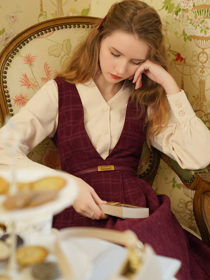 Red check pattern strap dress and French blouse