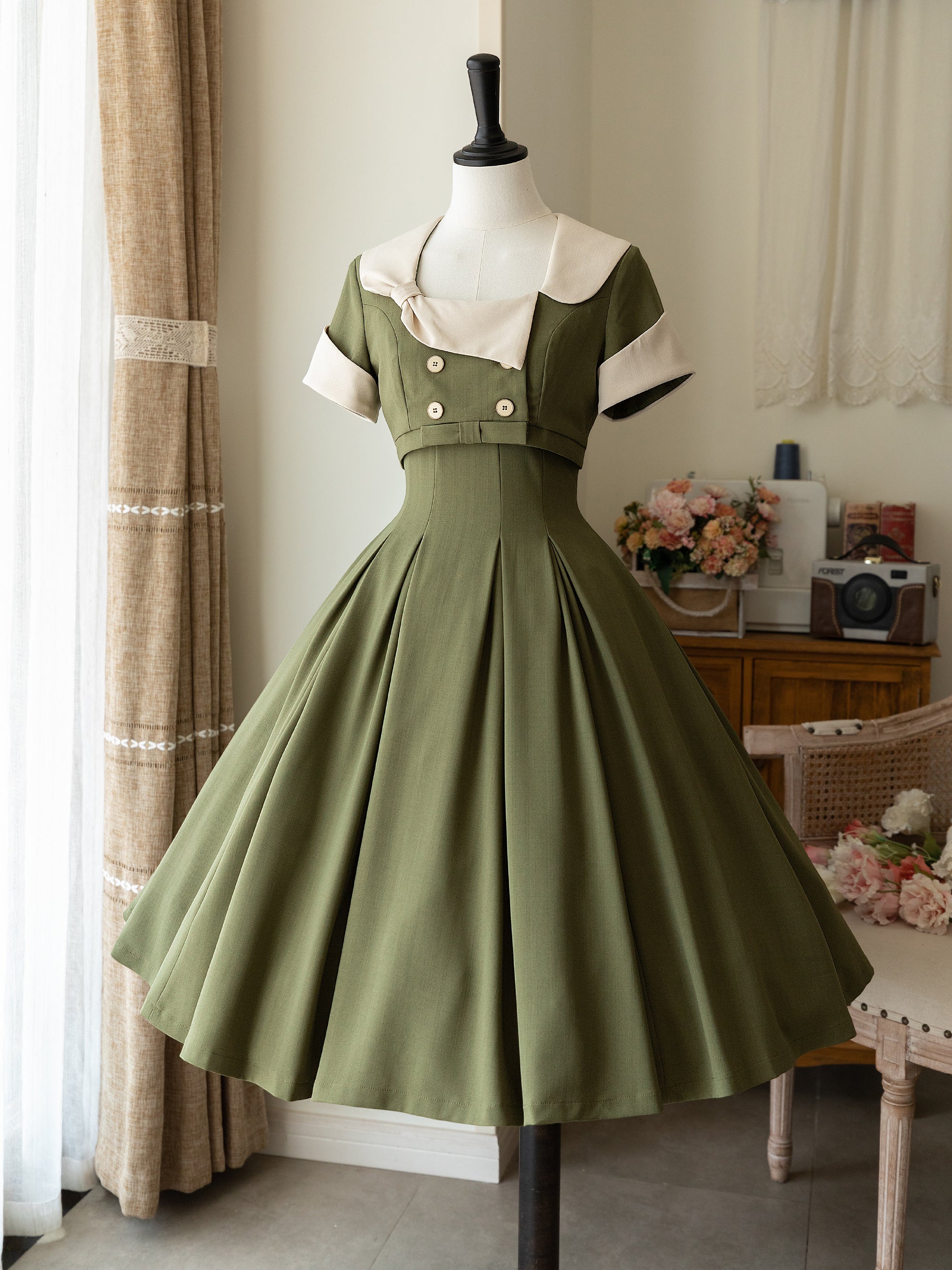 Paris lady's classical dress and short jacket (moss green) – remulia