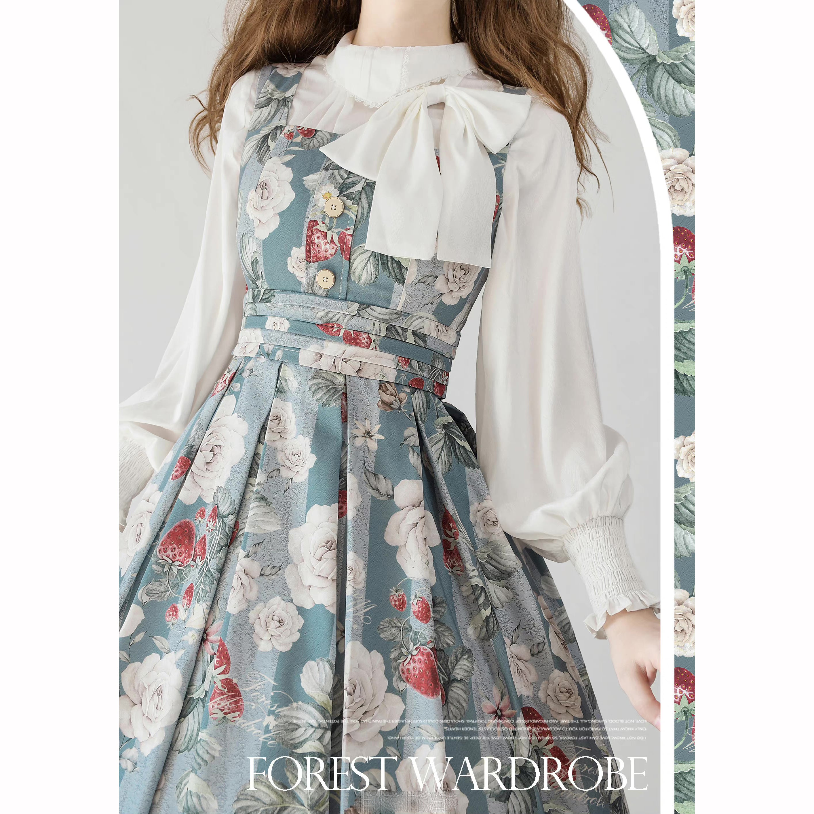 White rose strawberry jumper skirt high neck ribbon blouse – remulia
