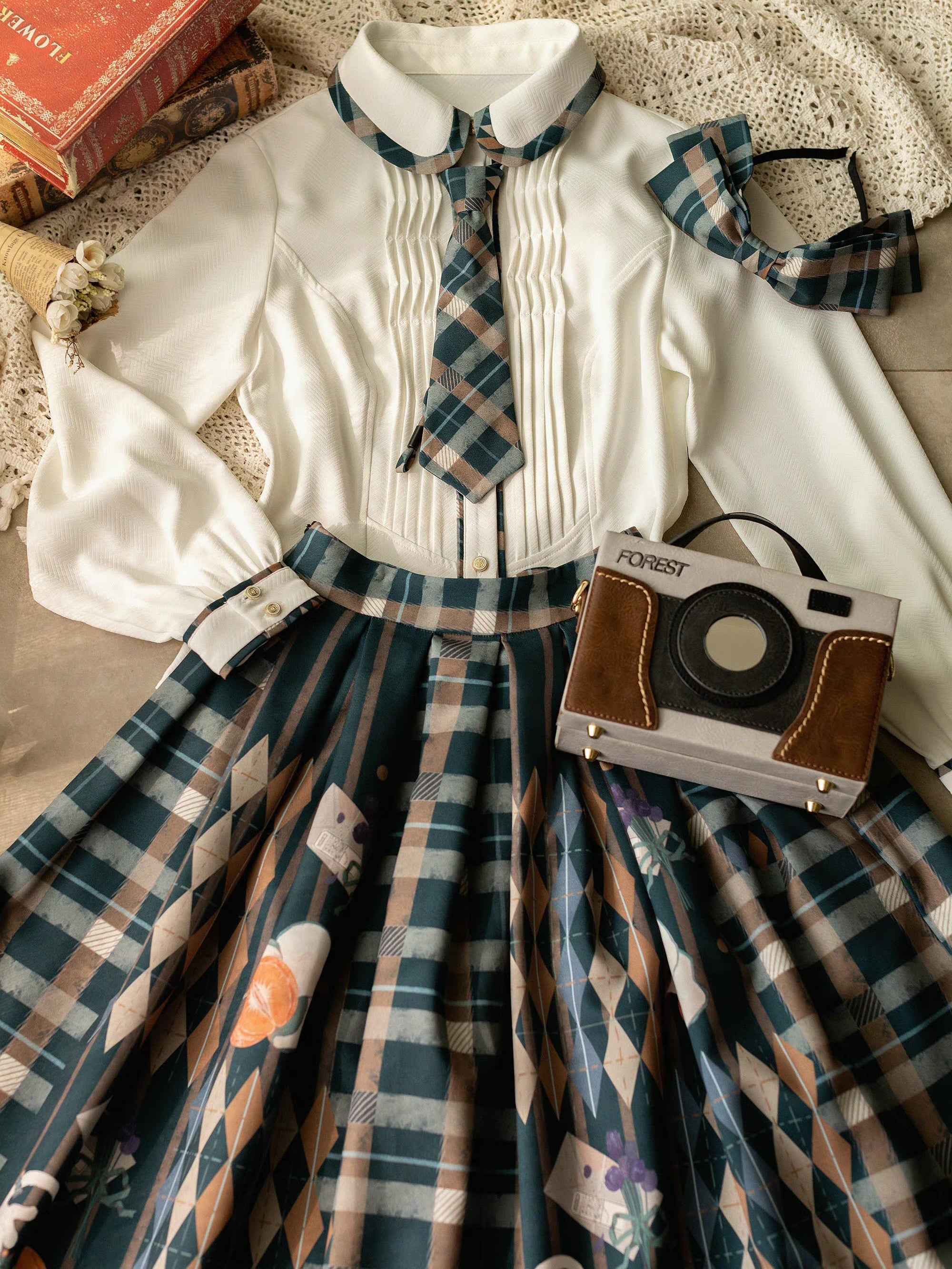 Bouquet Plaid Strap Skirt / Vest / Pleated Blouse – remulia