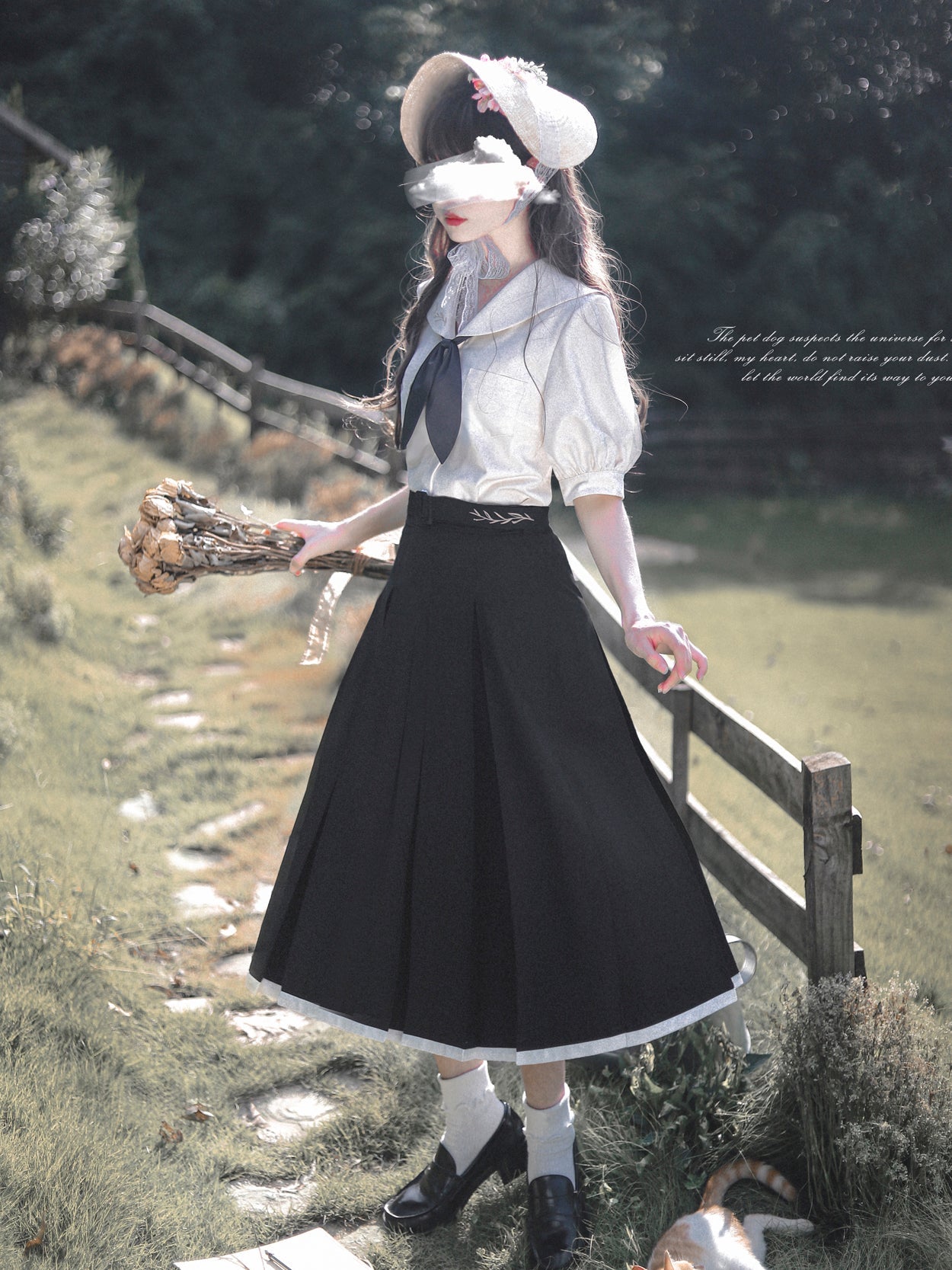 white-black lady's literary sailor blouse and pleated skirt