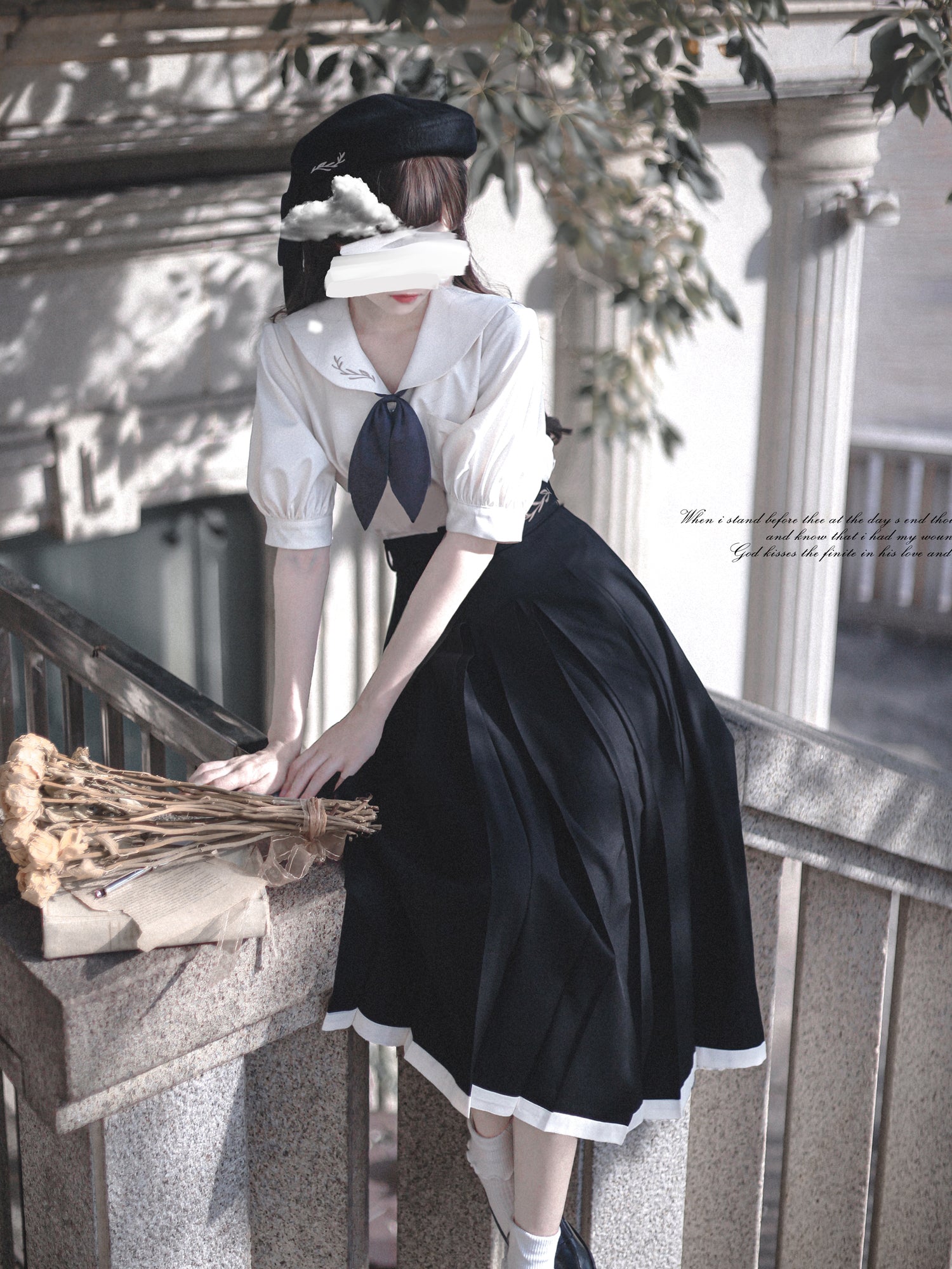 white-black lady's literary sailor blouse and pleated skirt