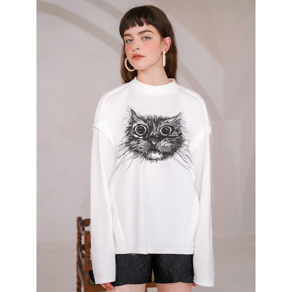Black cat line drawing artistic long T-shirt – remulia