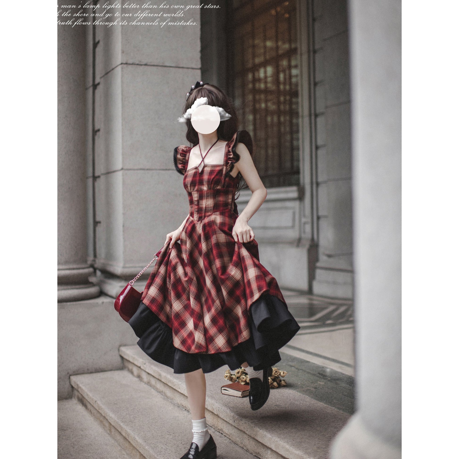 strapless open back dress British retro check apron dress & decorated blouse remulia strapless open back dress British retro check apron dress & decorated blouse remulia