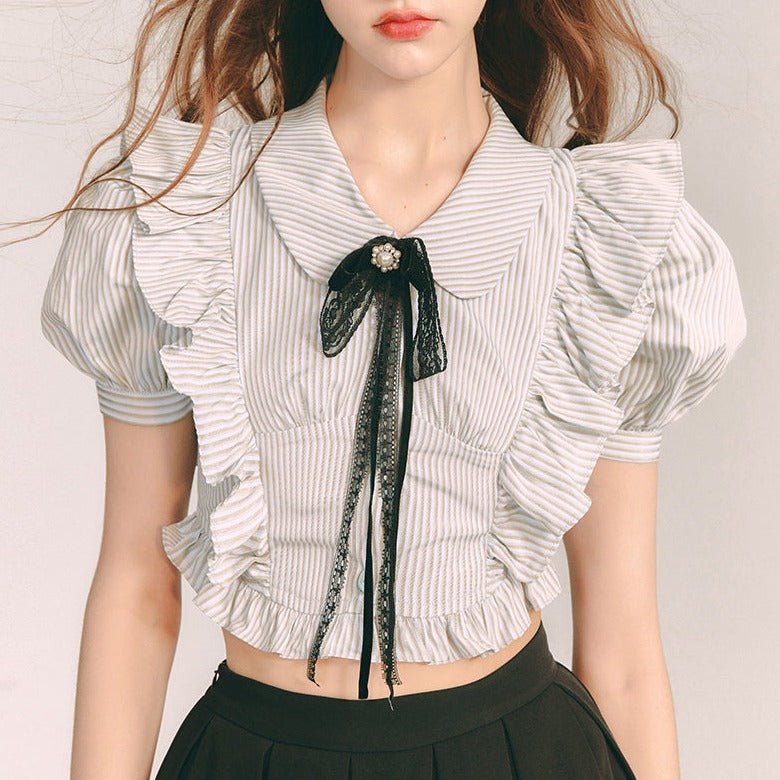 Afternoon Shirt Blue Coffee Stripe Ruffle Lace Bow