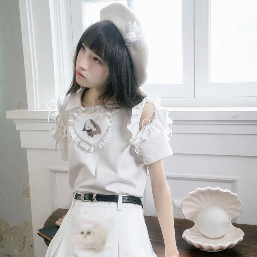 Angel heart bunny print lapel polo short-sleeved T-shirt