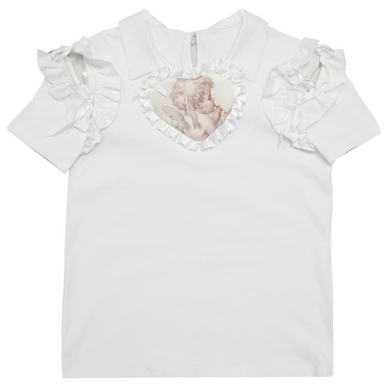 Angel heart bunny print lapel polo short-sleeved T-shirt