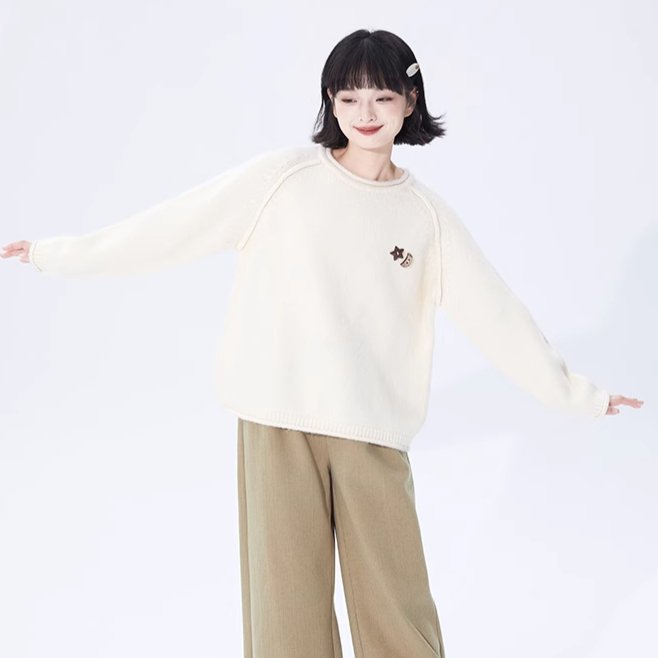 Apricot Round Neck Sweater Long Sleeve Knit Wool
