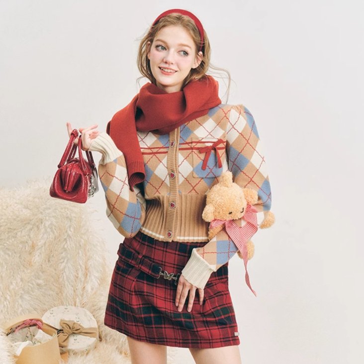 Holiday plaid short warm color knit jacket – remulia