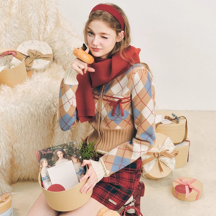 Holiday plaid short warm color knit jacket – remulia