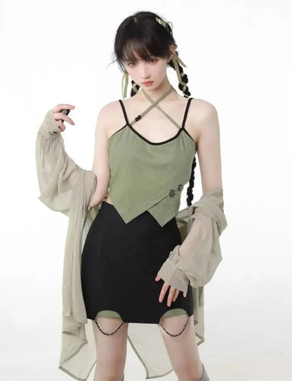 Bamboo Forest Embroidery Chiffon Shirt, Camisole and Half Skirt