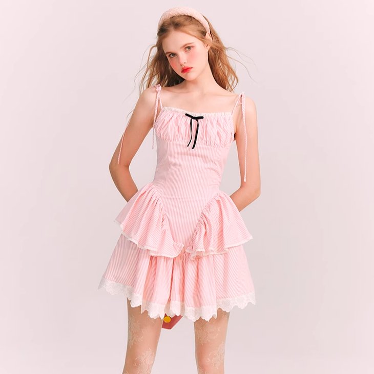 Barbie Powder Dress Lace Stripe Suspender Fluffy Skirt