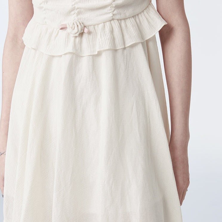 Beige square collar dress rose irregular skirt