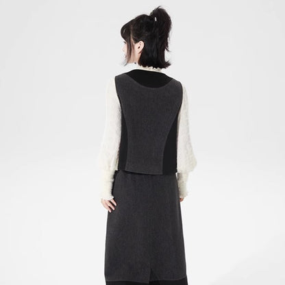 Black and gray spliced short wool vest