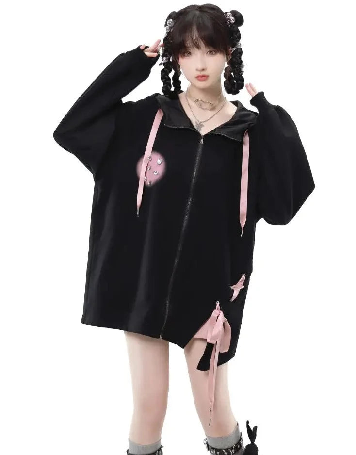 Black and Pink Laced Hoodie, Skirt and Short Camisole