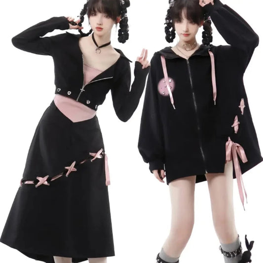 Black and Pink Laced Hoodie, Skirt and Short Camisole