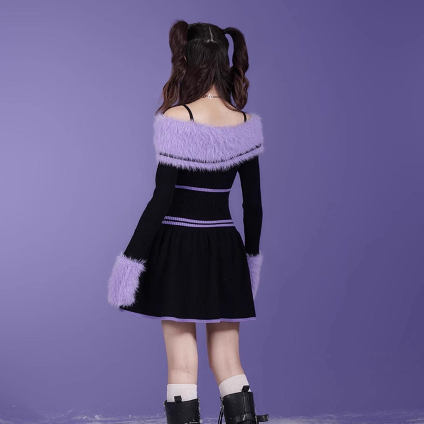 Black and Purple  Desire Butterfly Fur Collar Dress
