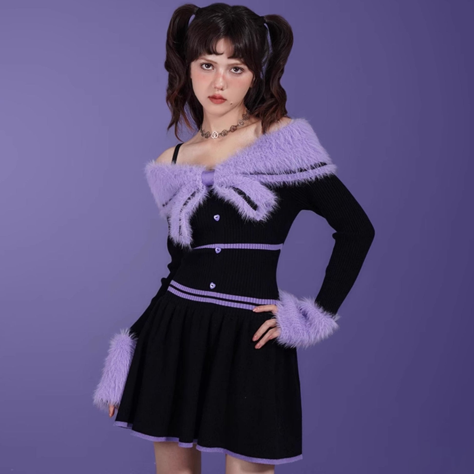 Black and Purple  Desire Butterfly Fur Collar Dress