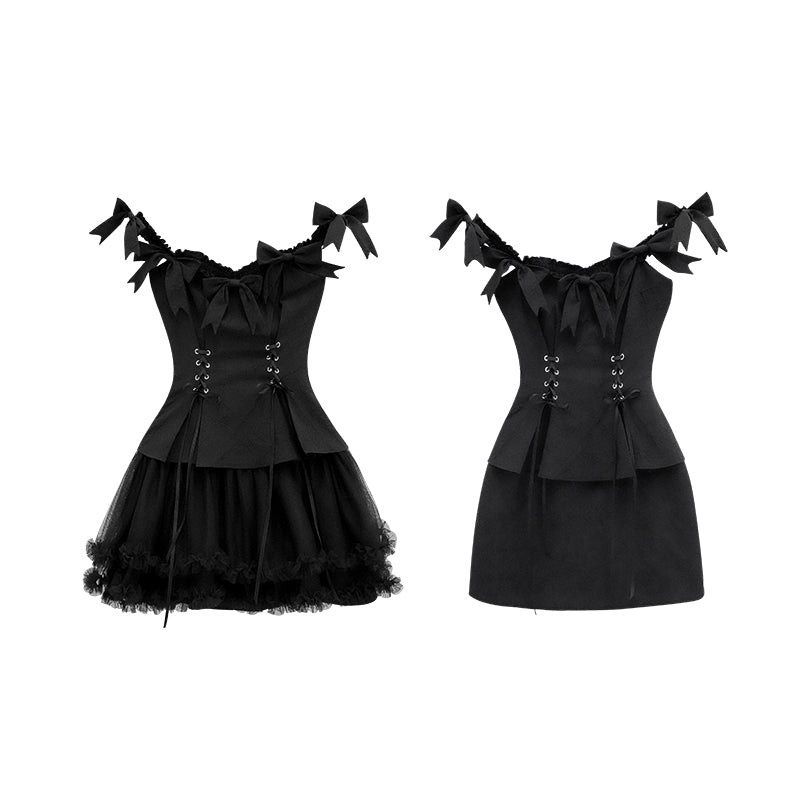 Black Bowknot One-Shoulder And Small Dress Two-Wear Temperament