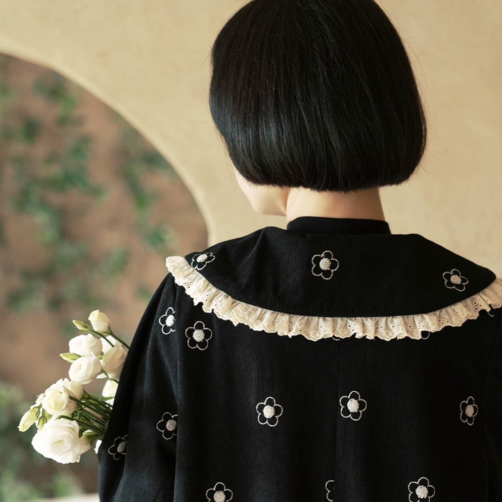 Black doll collar French retro corduroy floral dress