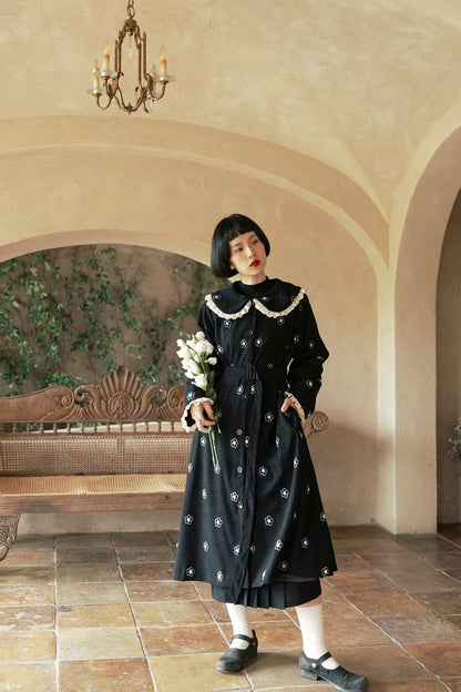 Black doll collar French retro corduroy floral dress