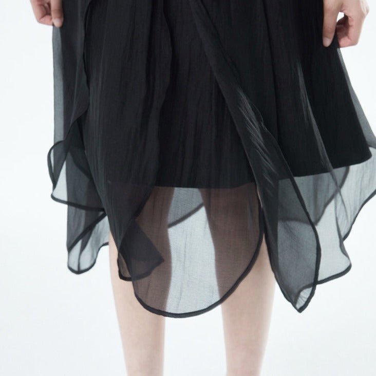 Black layered mid-length elastic waist retro petal skirt