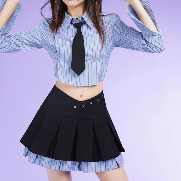Black Suit Fabric Striped Shirt Skirt