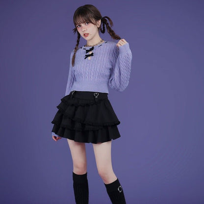 Blue and purple bow twist short sweater