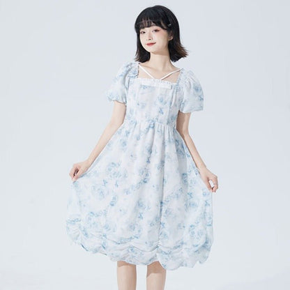 Blue print square neck dress mid-length princess dress