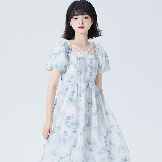 Blue print square neck dress mid-length princess dress