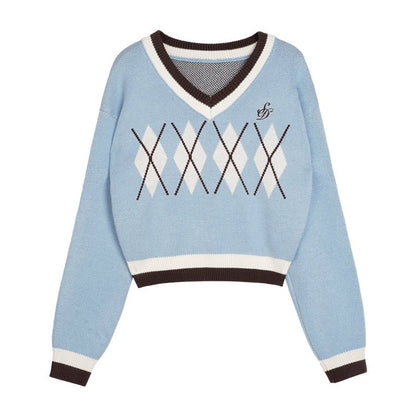 Blue rhombus V-neck short knitted sweater