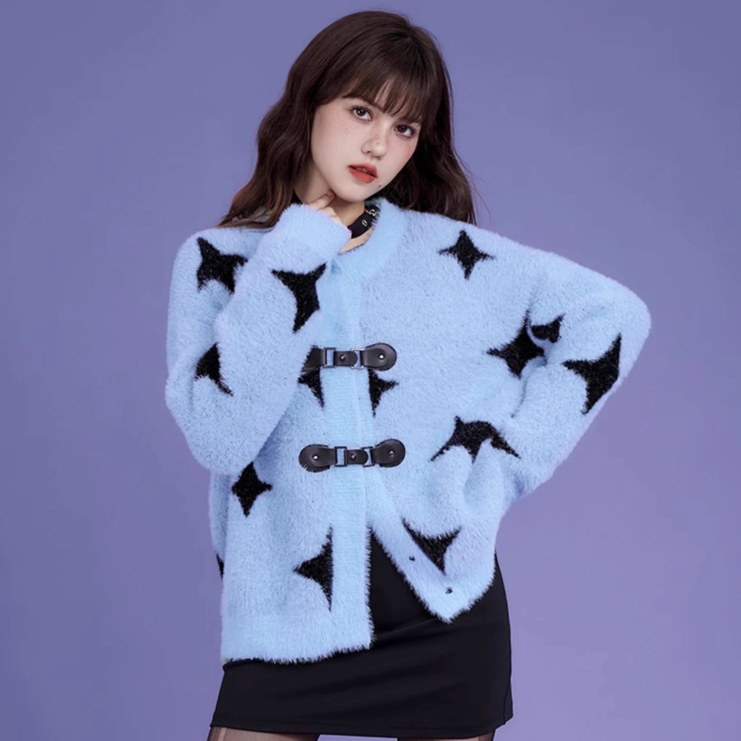 Blue Star Leather Buckle Thick Sweater Cardigan Jacket