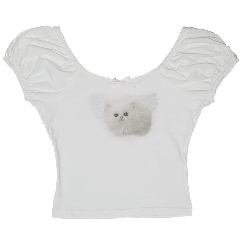 Bow cute round neck short-sleeved T-shirt top