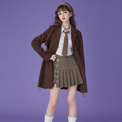 Brown grid low hook high waist pleated skirt