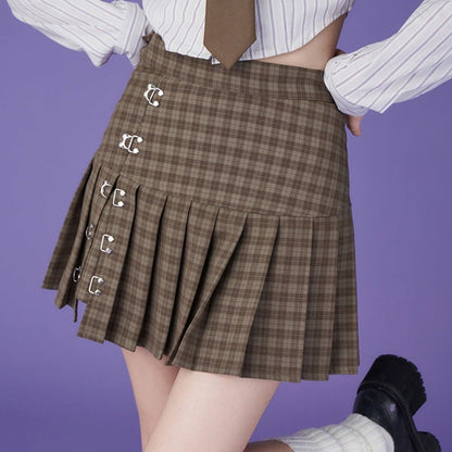 Brown grid low hook high waist pleated skirt