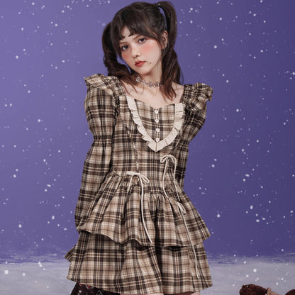 Brown plaid ribbon dress with small flying sleeves