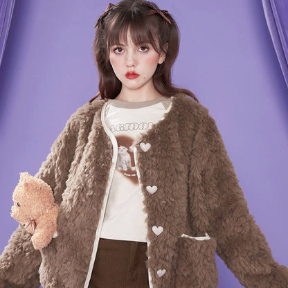 Brown plush imitation fur loose jacket