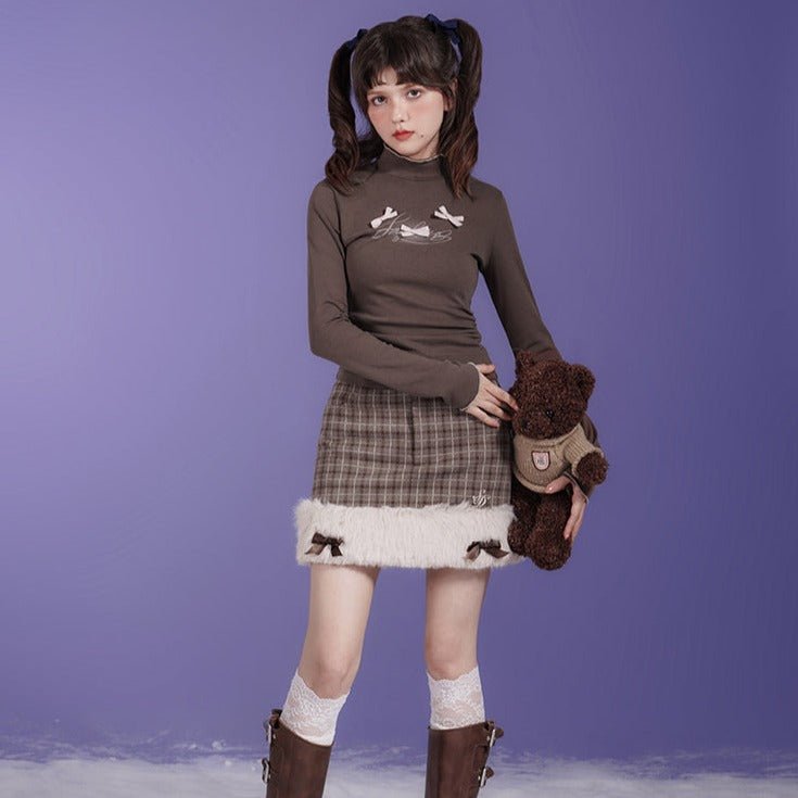 Brown pure lust bow half turtleneck bottoming T-shirt