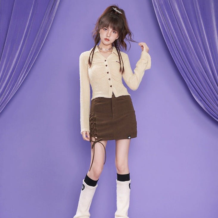 Brown retro corduroy strap hakama fake two-piece skirt
