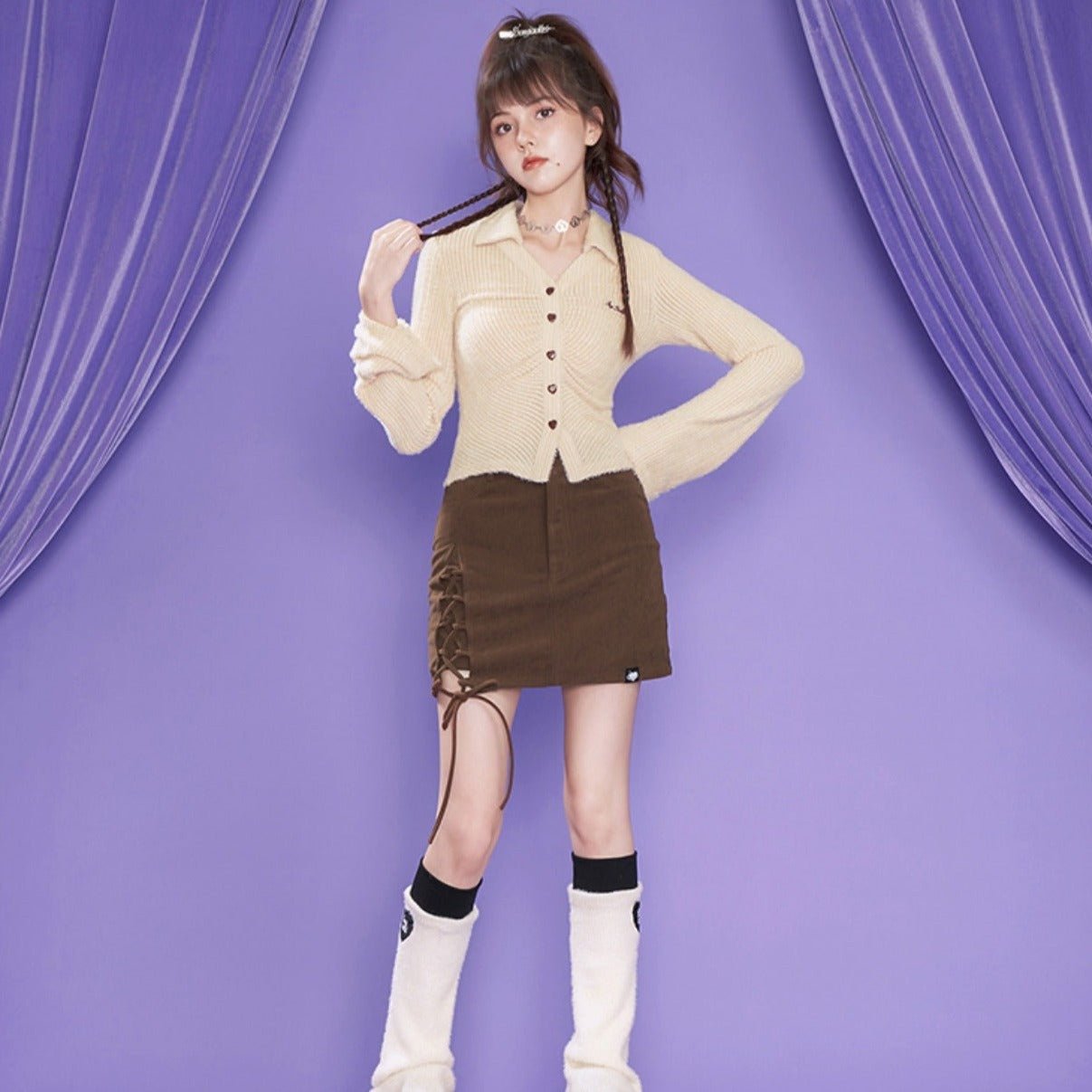 Brown retro corduroy strap hakama fake two-piece skirt