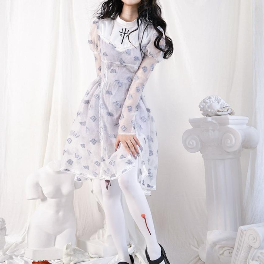 Butterfly Lace  Puff Sleeve Embroidery Long Sleeve Dress
