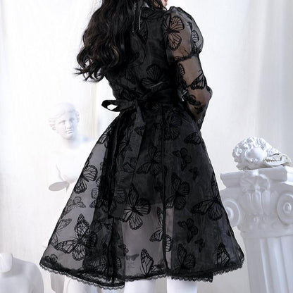Butterfly Lace  Puff Sleeve Embroidery Long Sleeve Dress