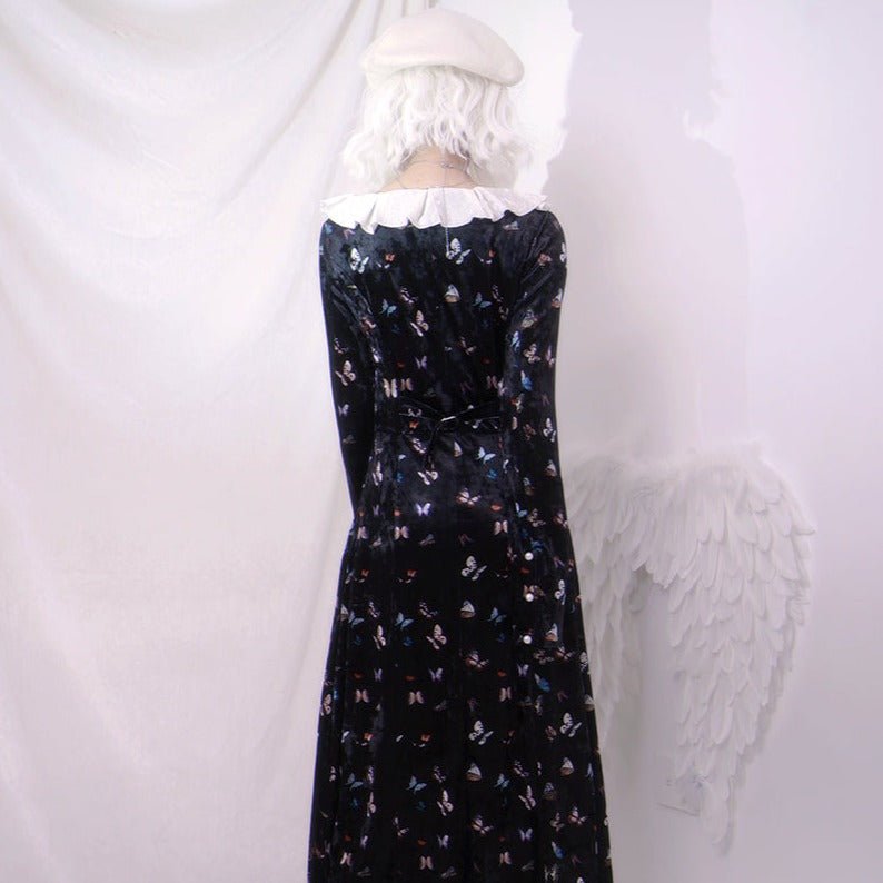 Butterfly print retro elegant velvet long-sleeved dress