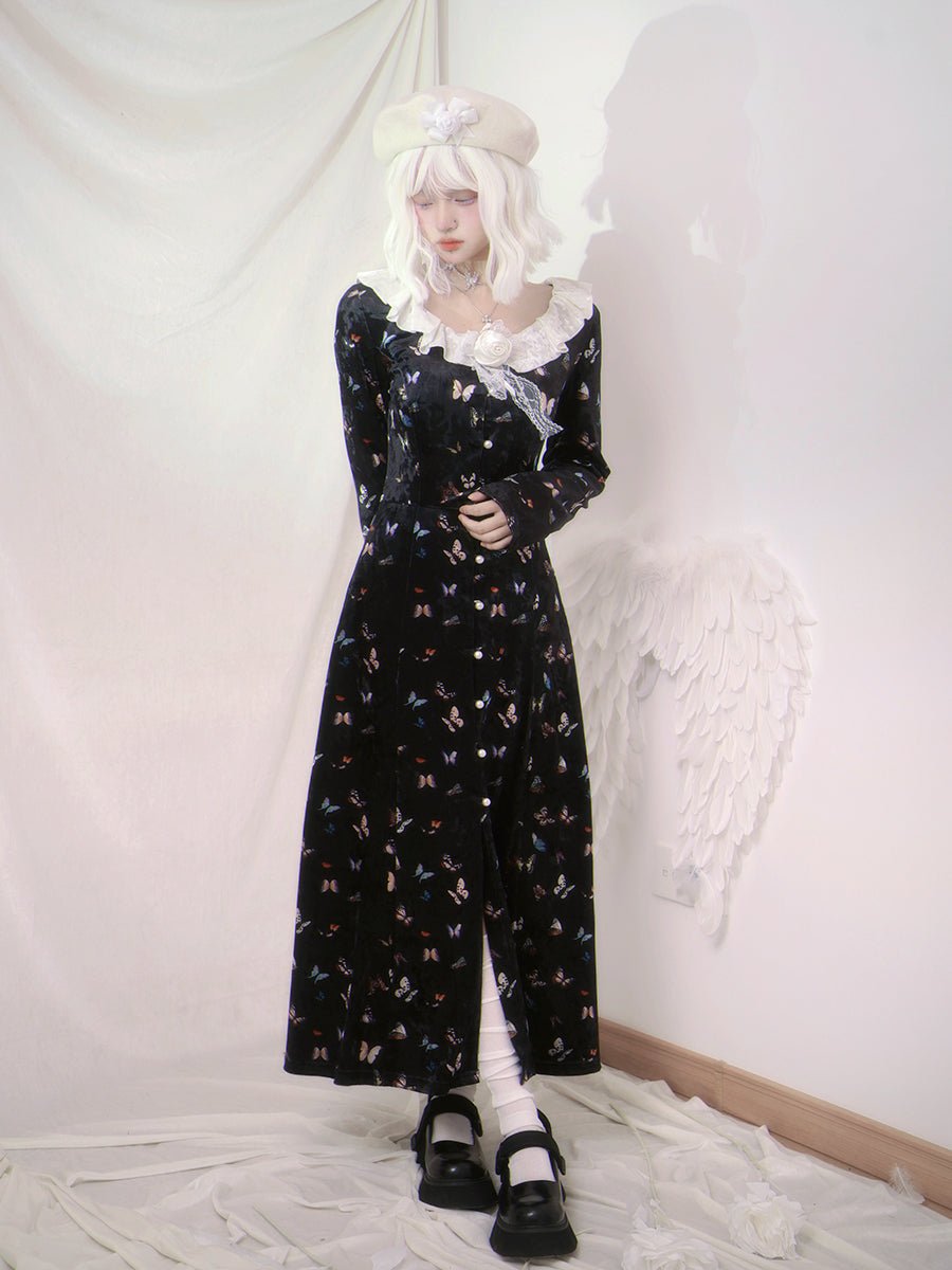 Butterfly print retro elegant velvet long-sleeved dress