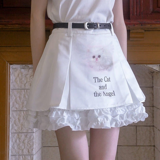 Cat print lace plump pleats short skirt