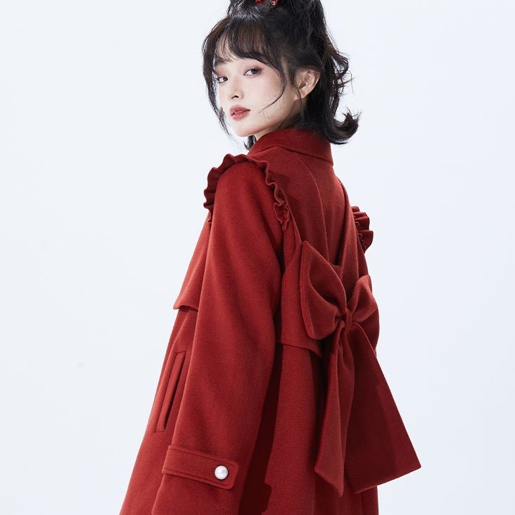 Christmas Red Big Back Ribbon Wool Coat