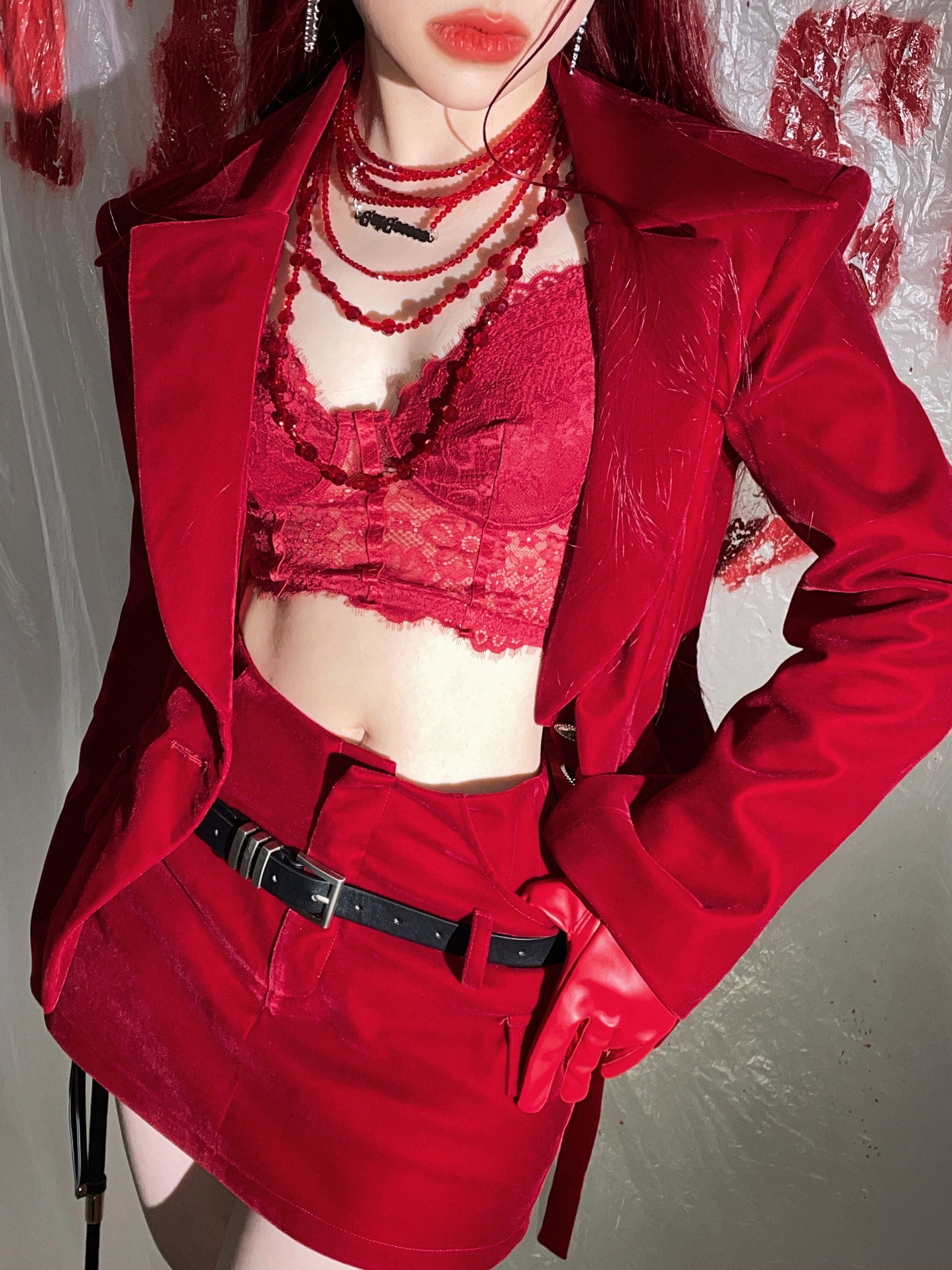 深紅の貴婦人の刺繍レースブラジャー