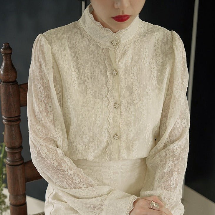 Classic standing collar jacquard lace embroidery floral shirt