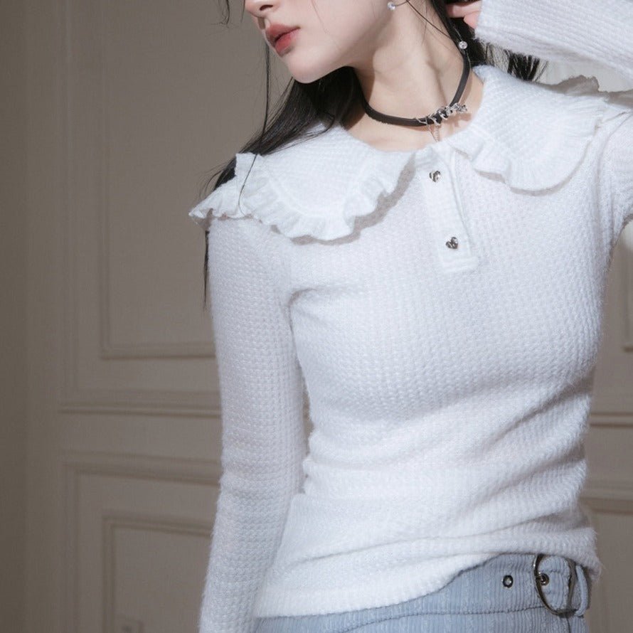 Cloud white double ruffle collar knitted stretch shirt