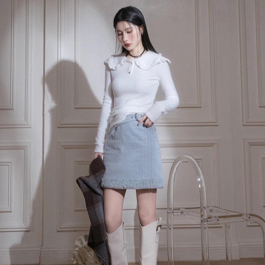 Cloud white double ruffle collar knitted stretch shirt